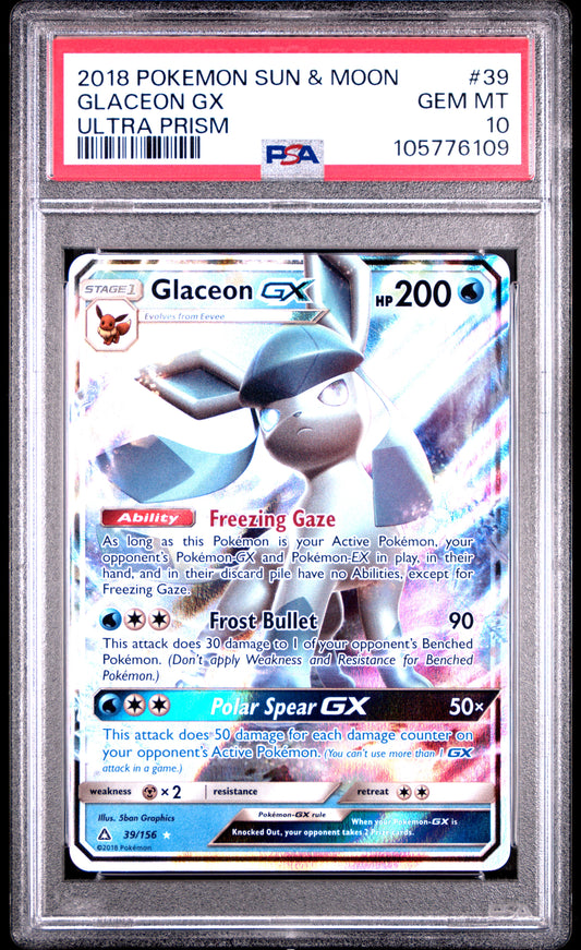 GLACEON GX 39/156 Common POKEMON SUN & MOON ULTRA PRISM ULTRA PRISM PSA10 GEM MT 10 PSA population 241 <a href=https://www.psacard.com/cert/105776109/psa>https://www.psacard.com/cert/105776109/psa</a>