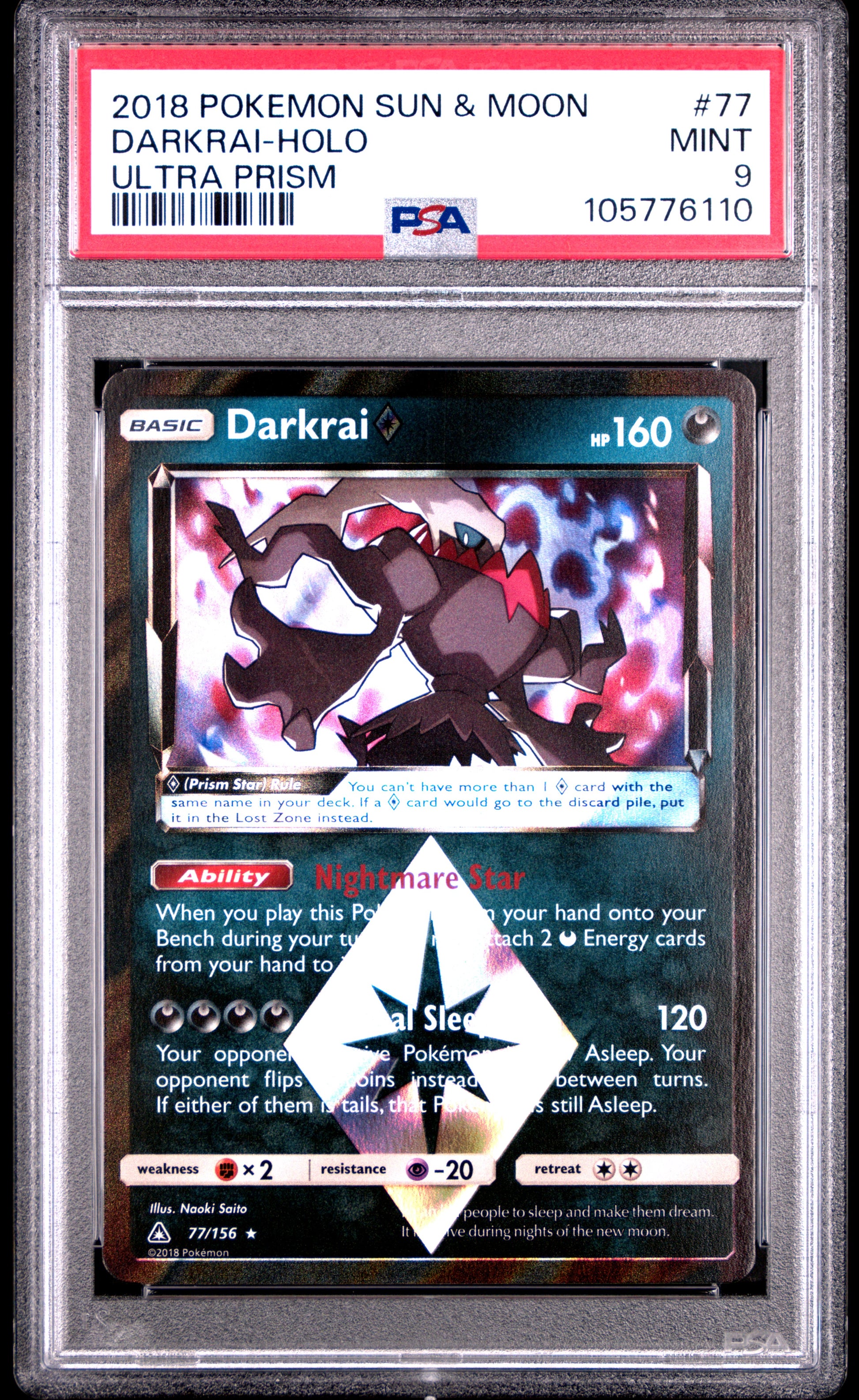 DARKRAI-HOLO 77/156 Common POKEMON SUN & MOON ULTRA PRISM ULTRA PRISM PSA9 MINT 9 PSA population 169 <a href=https://www.psacard.com/cert/105776110/psa>https://www.psacard.com/cert/105776110/psa</a>