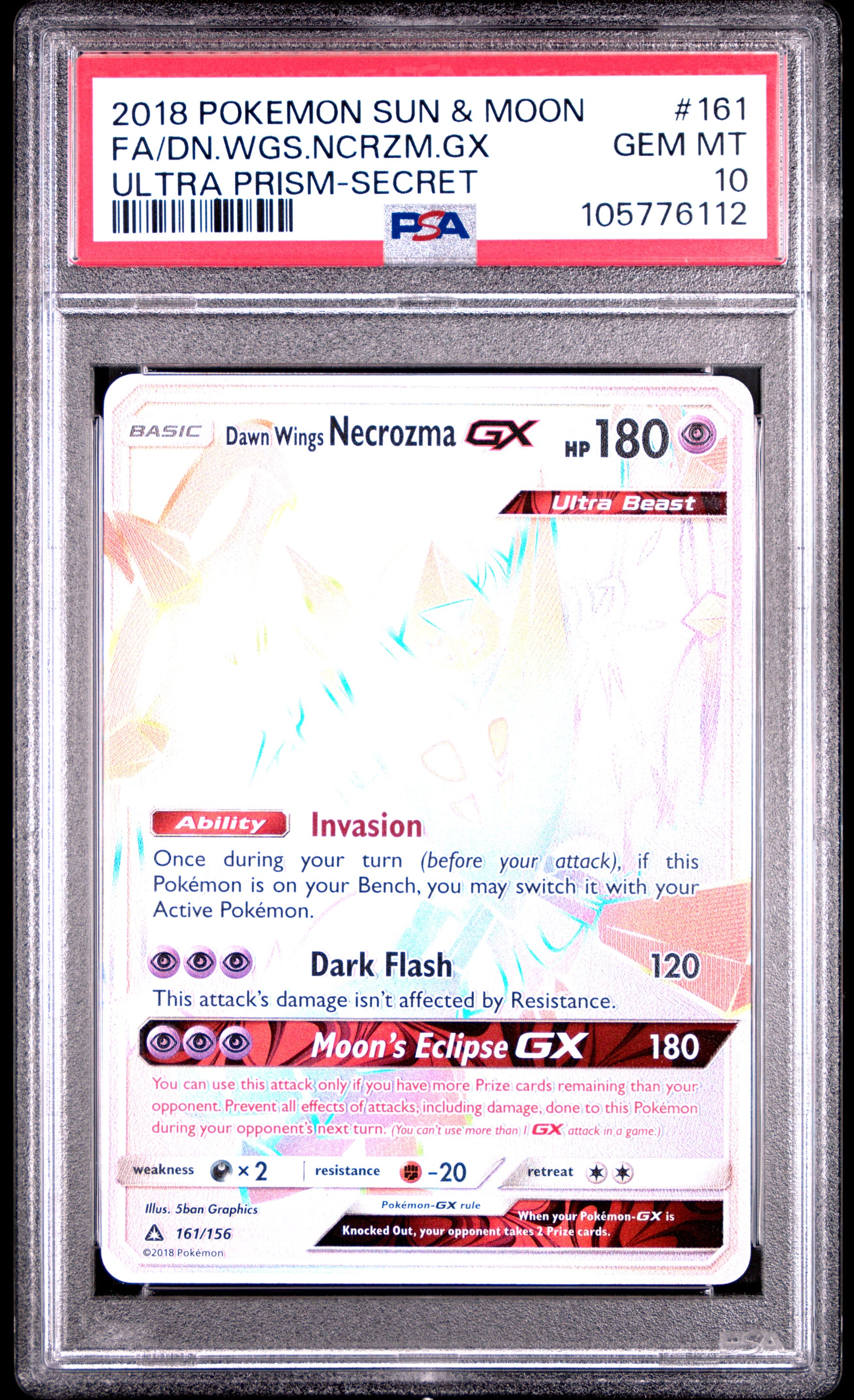 FA/DN.WGS.NCRZM.GX 161/156 Common POKEMON SUN & MOON ULTRA PRISM ULTRA PRISM-SECRET PSA10 GEM MT 10 PSA population 123 <a href=https://www.psacard.com/cert/105776112/psa>https://www.psacard.com/cert/105776112/psa</a>