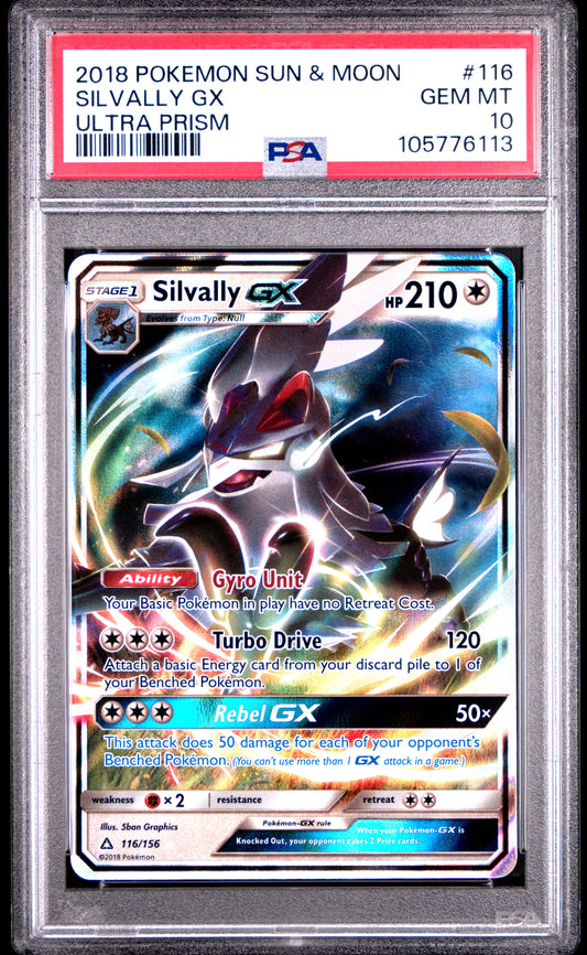 SILVALLY GX 116/156 Common POKEMON SUN & MOON ULTRA PRISM ULTRA PRISM PSA10 GEM MT 10 PSA population 85 <a href=https://www.psacard.com/cert/105776113/psa>https://www.psacard.com/cert/105776113/psa</a>