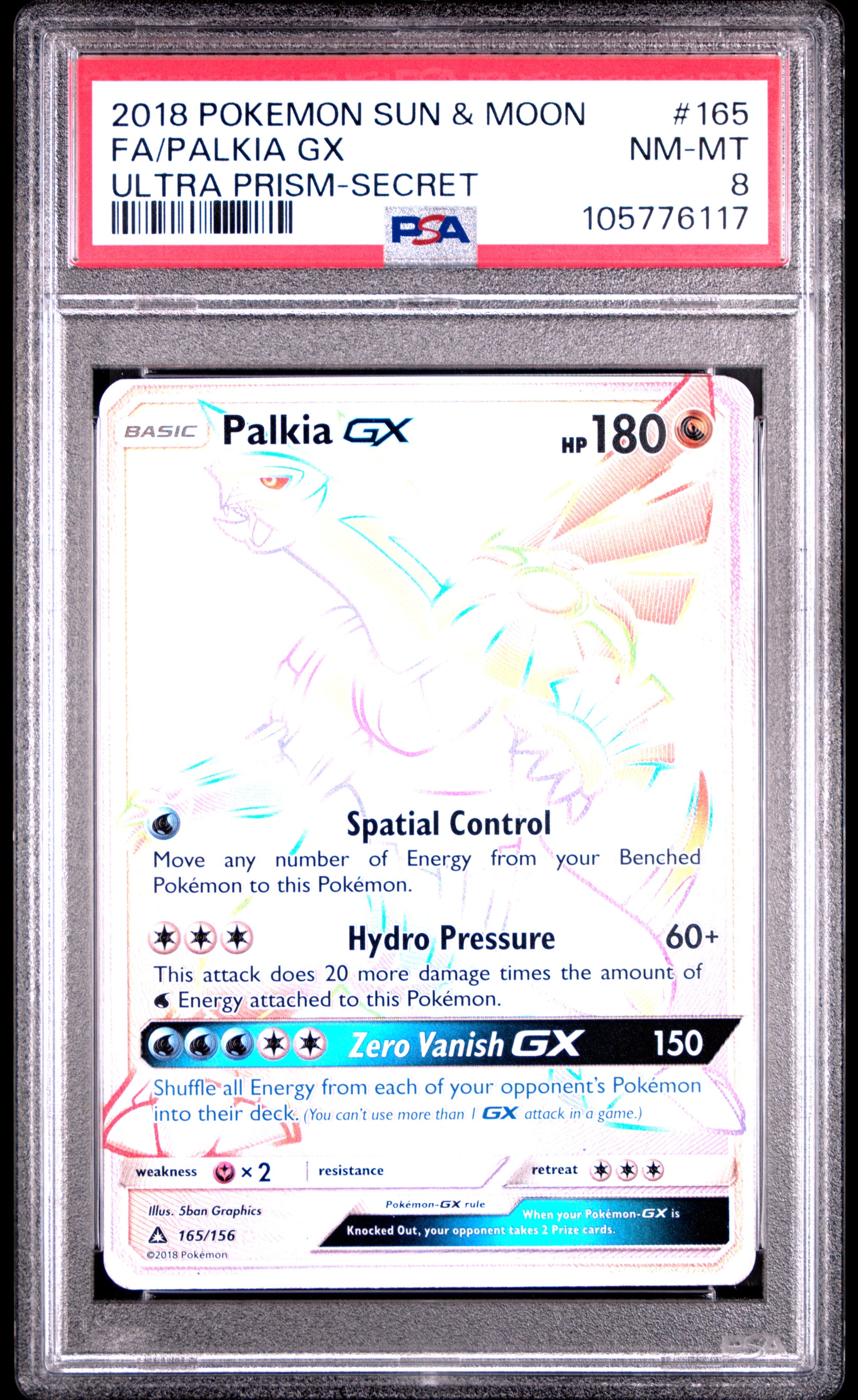 FA/PALKIA GX 165/156 Common POKEMON SUN & MOON ULTRA PRISM ULTRA PRISM-SECRET PSA8 NM-MT 8 PSA population 82 <a href=https://www.psacard.com/cert/105776117/psa>https://www.psacard.com/cert/105776117/psa</a>