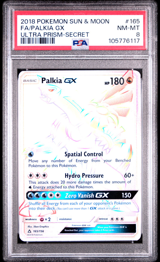 FA/PALKIA GX 165/156 Common POKEMON SUN & MOON ULTRA PRISM ULTRA PRISM-SECRET PSA8 NM-MT 8 PSA population 82 <a href=https://www.psacard.com/cert/105776117/psa>https://www.psacard.com/cert/105776117/psa</a>