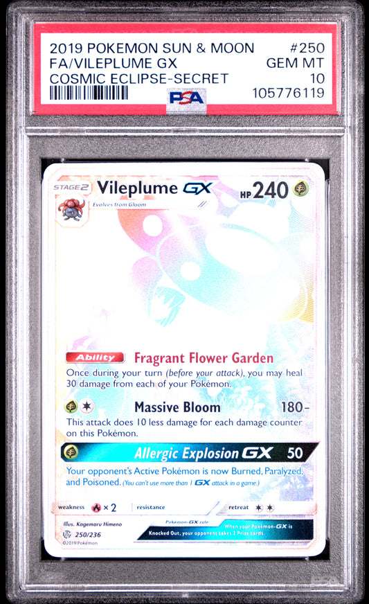 FA/VILEPLUME GX 250/236 Common POKEMON SUN & MOON COSMIC ECLIPSE COSMIC ECLIPSE-SECRET PSA10 GEM MT 10 PSA population 488 <a href=https://www.psacard.com/cert/105776119/psa>https://www.psacard.com/cert/105776119/psa</a>