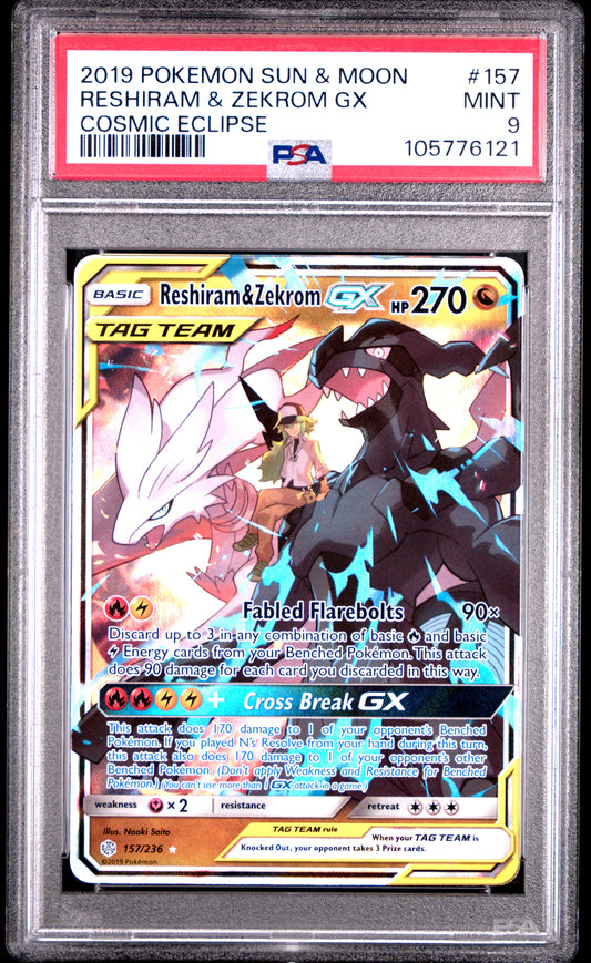 RESHIRAM & ZEKROM GX 157/236 Common POKEMON SUN & MOON COSMIC ECLIPSE COSMIC ECLIPSE PSA9 MINT 9 PSA population 1411 <a href=https://www.psacard.com/cert/105776121/psa>https://www.psacard.com/cert/105776121/psa</a>