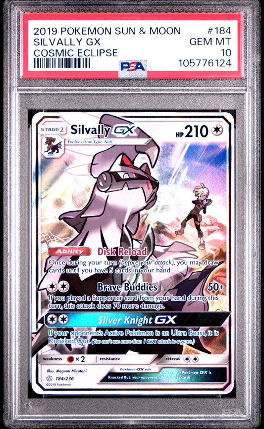 SILVALLY GX 184/236 Common POKEMON SUN & MOON COSMIC ECLIPSE COSMIC ECLIPSE PSA10 GEM MT 10 PSA population 152 <a href=https://www.psacard.com/cert/105776124/psa>https://www.psacard.com/cert/105776124/psa</a>