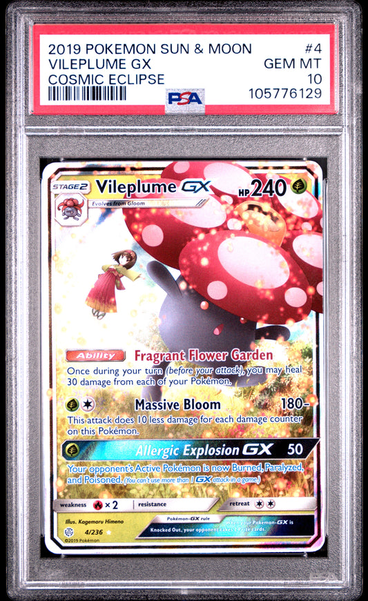 VILEPLUME GX 4/236 Common POKEMON SUN & MOON COSMIC ECLIPSE COSMIC ECLIPSE PSA10 GEM MT 10 PSA population 230 <a href=https://www.psacard.com/cert/105776129/psa>https://www.psacard.com/cert/105776129/psa</a>