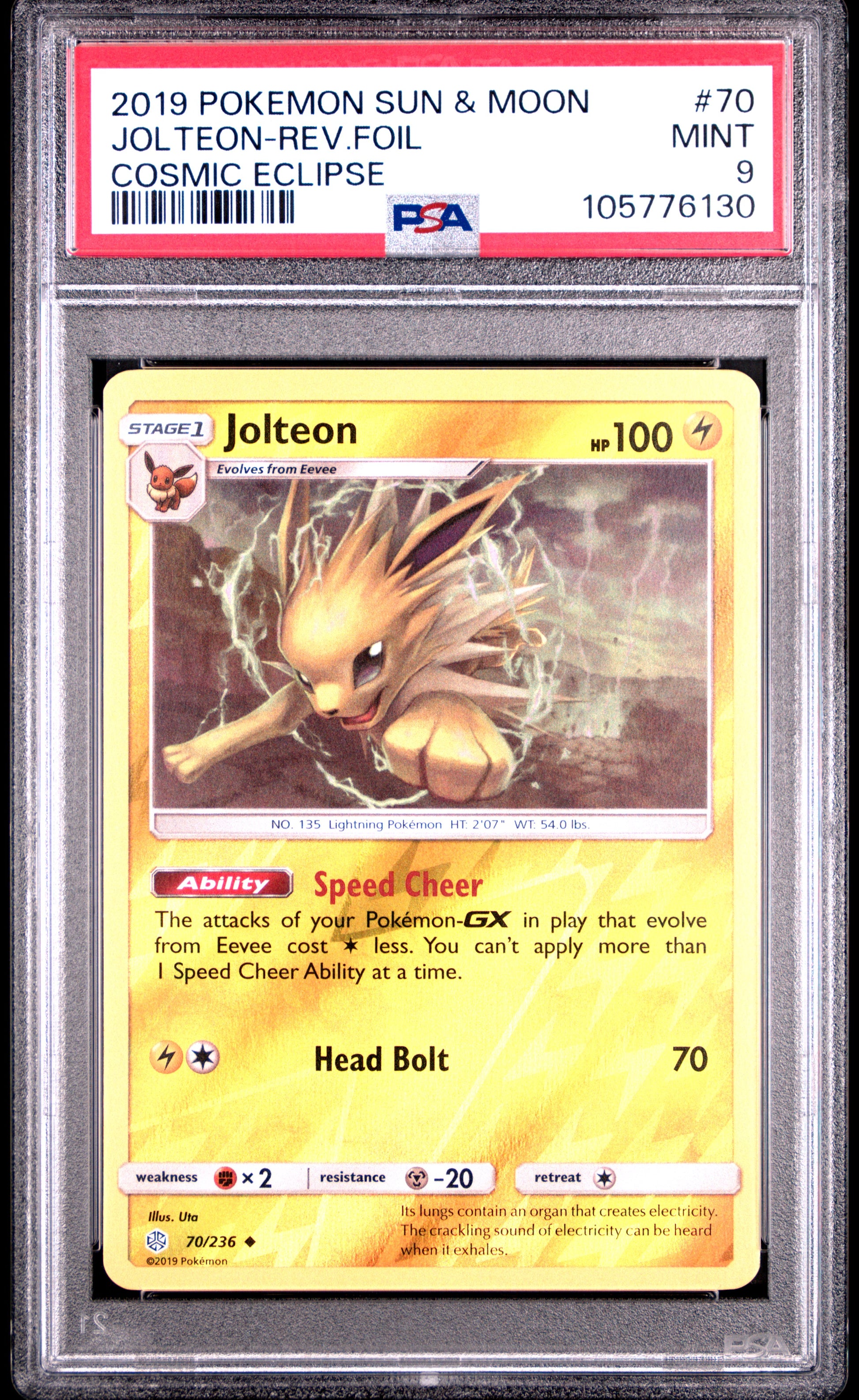 JOLTEON-REV.FOIL 70/236 [Reverse Holo] POKEMON SUN & MOON COSMIC ECLIPSE COSMIC ECLIPSE PSA9 MINT 9 PSA population 16 <a href=https://www.psacard.com/cert/105776130/psa>https://www.psacard.com/cert/105776130/psa</a>