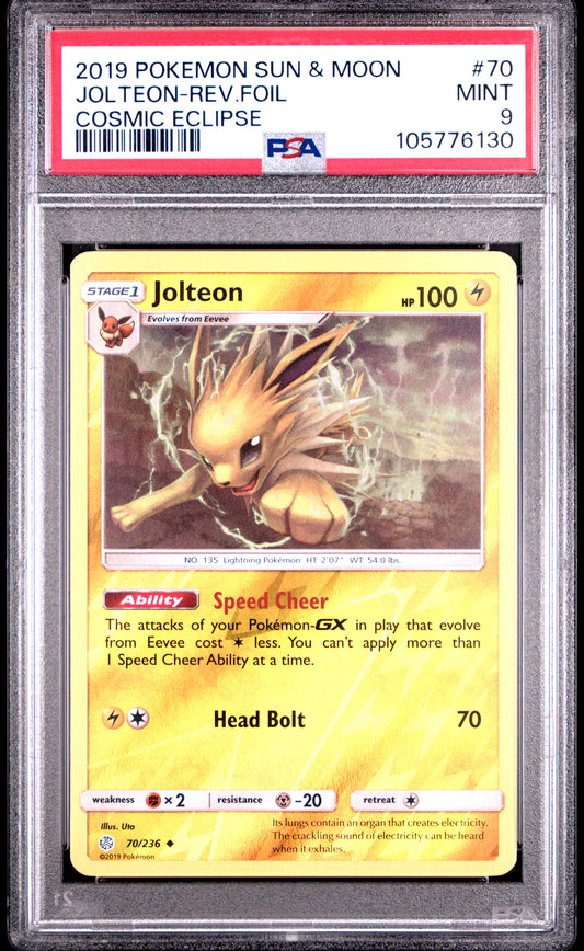 JOLTEON-REV.FOIL 70/236 [Reverse Holo] POKEMON SUN & MOON COSMIC ECLIPSE COSMIC ECLIPSE PSA9 MINT 9 PSA population 16 <a href=https://www.psacard.com/cert/105776130/psa>https://www.psacard.com/cert/105776130/psa</a>