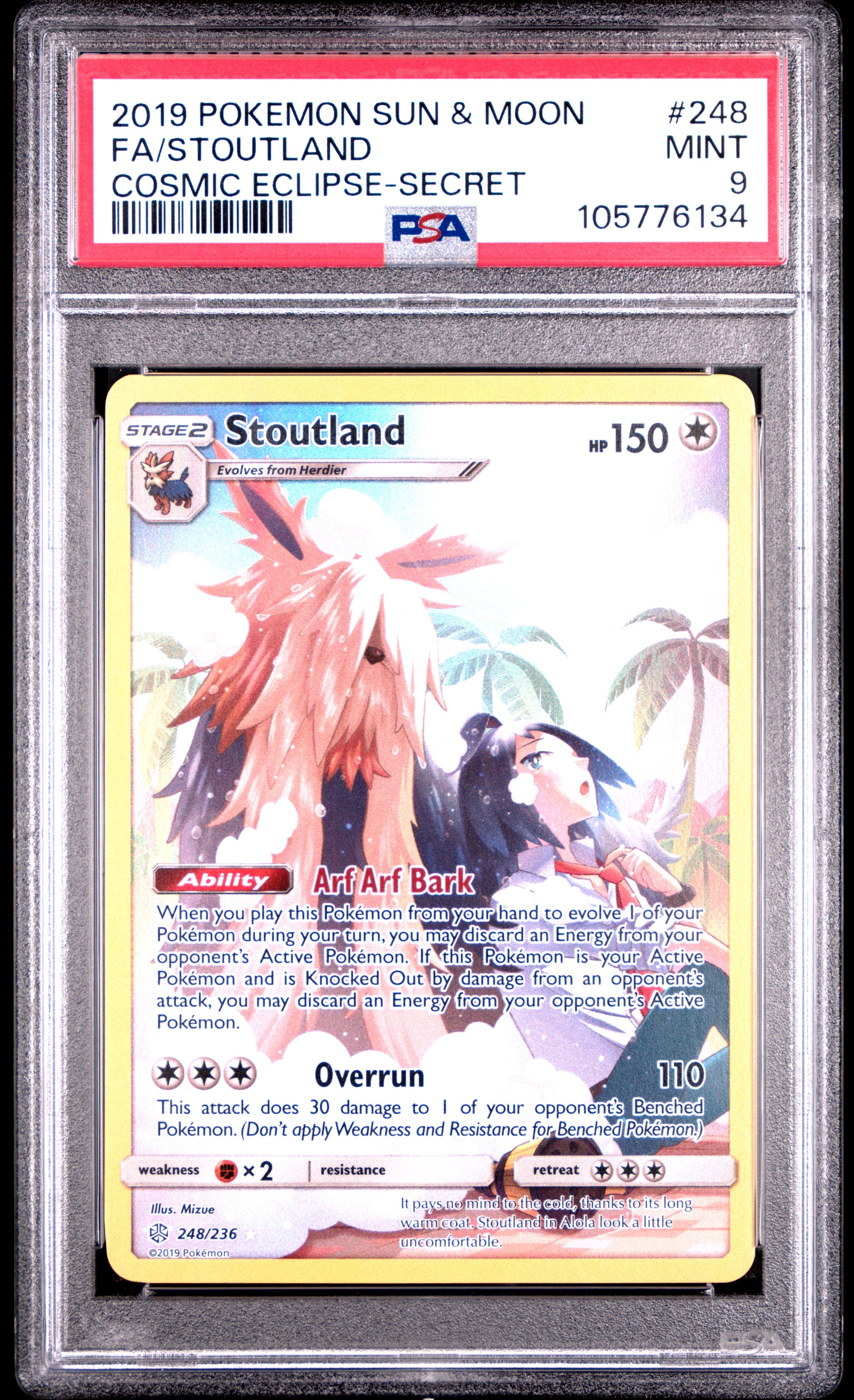 FA/STOUTLAND 248/236 Common POKEMON SUN & MOON COSMIC ECLIPSE COSMIC ECLIPSE-SECRET PSA9 MINT 9 PSA population 655 <a href=https://www.psacard.com/cert/105776134/psa>https://www.psacard.com/cert/105776134/psa</a>
