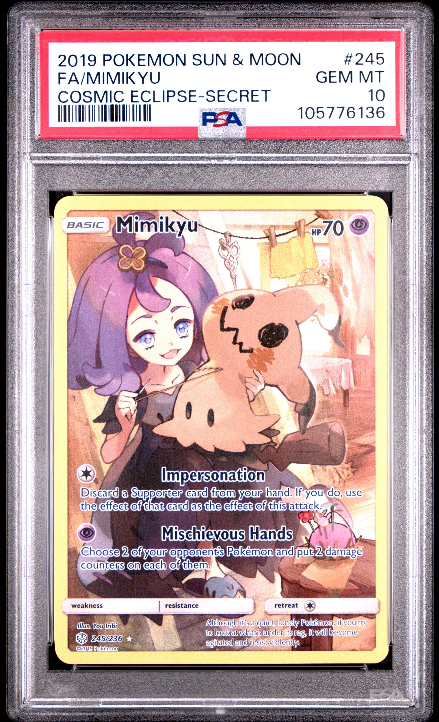FA/MIMIKYU 245/236 Common POKEMON SUN & MOON COSMIC ECLIPSE COSMIC ECLIPSE-SECRET PSA10 GEM MT 10 PSA population 971 <a href=https://www.psacard.com/cert/105776136/psa>https://www.psacard.com/cert/105776136/psa</a>
