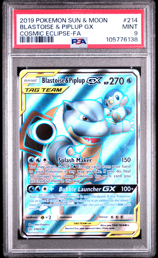 BLASTOISE & PIPLUP GX 214/236 Common POKEMON SUN & MOON COSMIC ECLIPSE COSMIC ECLIPSE-FA PSA9 MINT 9 PSA population 497 <a href=https://www.psacard.com/cert/105776138/psa>https://www.psacard.com/cert/105776138/psa</a>