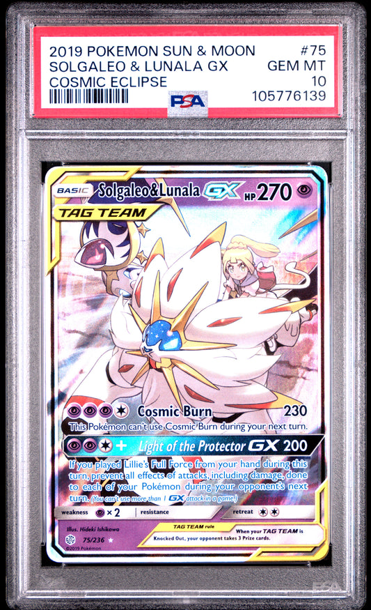SOLGALEO & LUNALA GX 75/236 Common POKEMON SUN & MOON COSMIC ECLIPSE COSMIC ECLIPSE PSA10 GEM MT 10 PSA population 610 <a href=https://www.psacard.com/cert/105776139/psa>https://www.psacard.com/cert/105776139/psa</a>