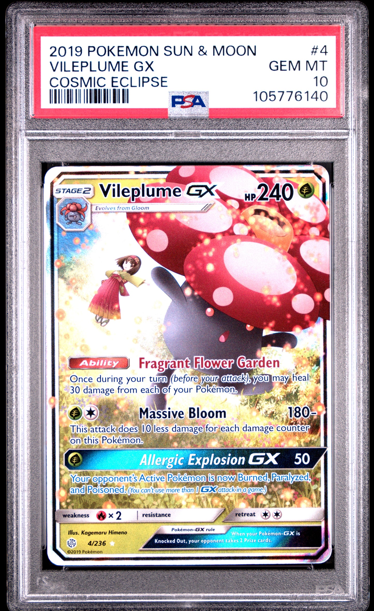 VILEPLUME GX 4/236 Common POKEMON SUN & MOON COSMIC ECLIPSE COSMIC ECLIPSE PSA10 GEM MT 10 PSA population 230 <a href=https://www.psacard.com/cert/105776140/psa>https://www.psacard.com/cert/105776140/psa</a>