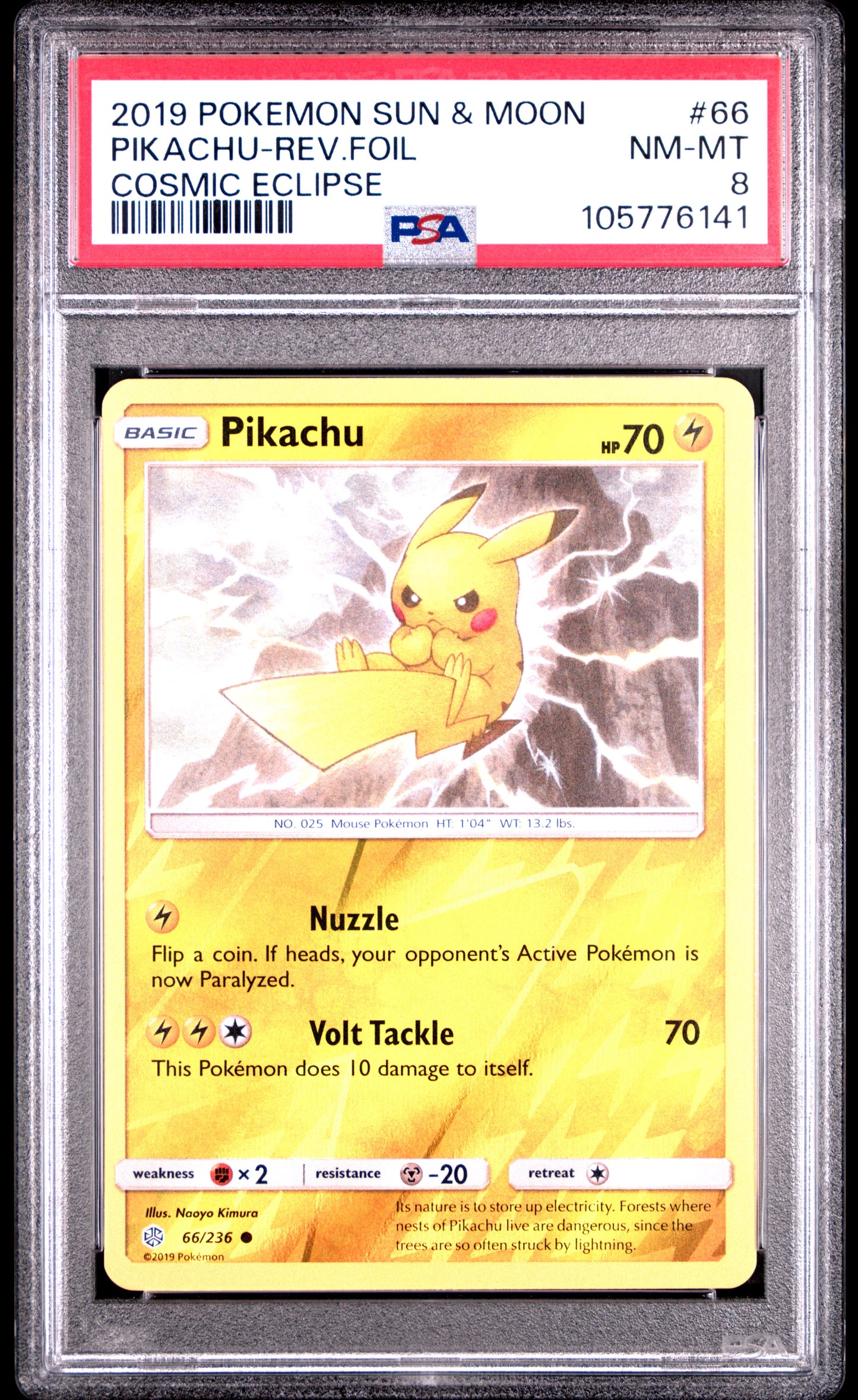 PIKACHU-REV.FOIL 66/236 [Reverse Holo] POKEMON SUN & MOON COSMIC ECLIPSE COSMIC ECLIPSE PSA8 NM-MT 8 PSA population 22 <a href=https://www.psacard.com/cert/105776141/psa>https://www.psacard.com/cert/105776141/psa</a>
