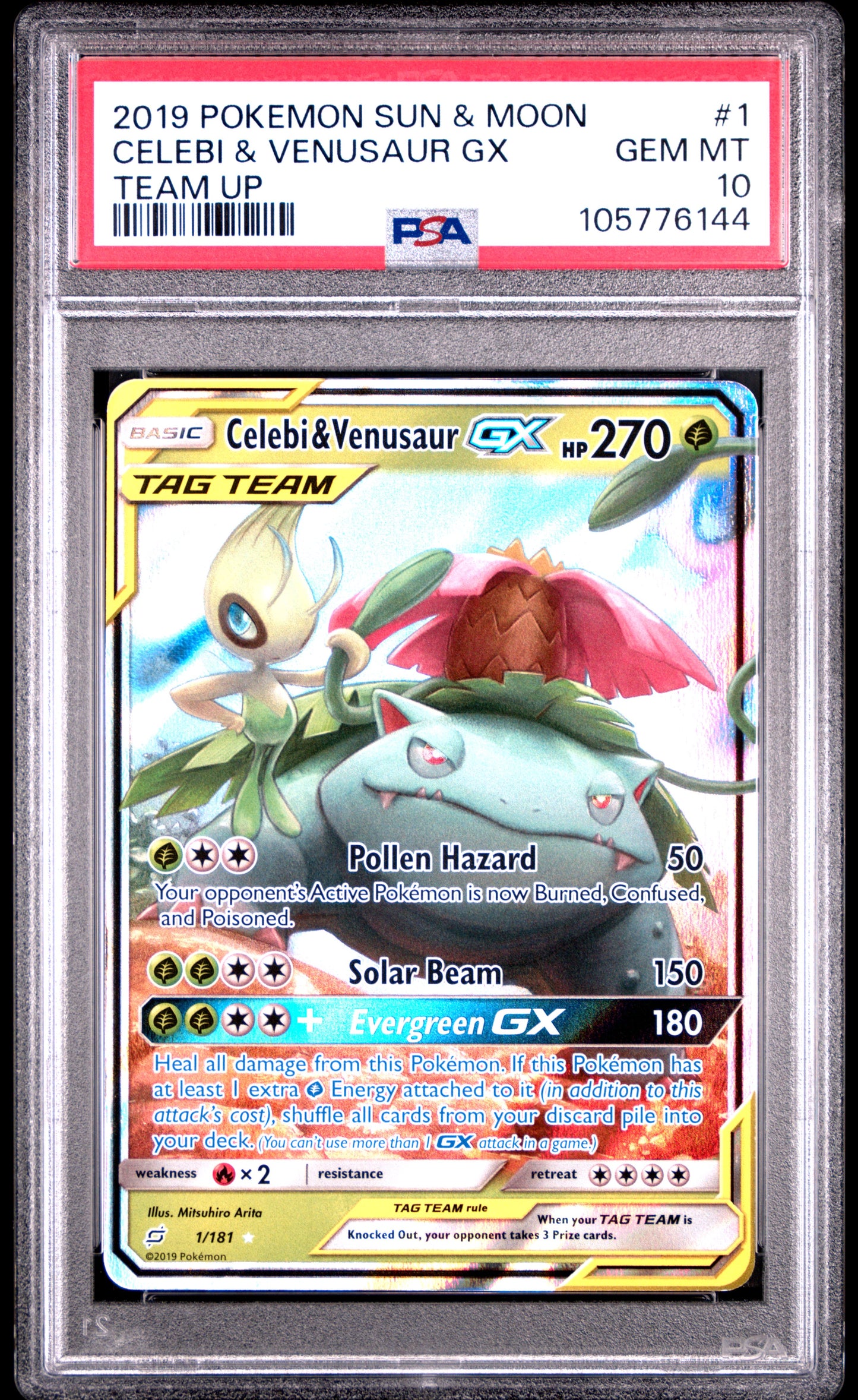 CELEBI & VENUSAUR GX 1/181 Common POKEMON SUN & MOON TEAM UP TEAM UP PSA10 GEM MT 10 PSA population 647 <a href=https://www.psacard.com/cert/105776144/psa>https://www.psacard.com/cert/105776144/psa</a>