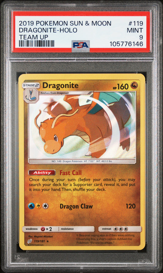 DRAGONITE-HOLO 119/181 Common POKEMON SUN & MOON TEAM UP TEAM UP PSA9 MINT 9 PSA population 104 <a href=https://www.psacard.com/cert/105776146/psa>https://www.psacard.com/cert/105776146/psa</a>