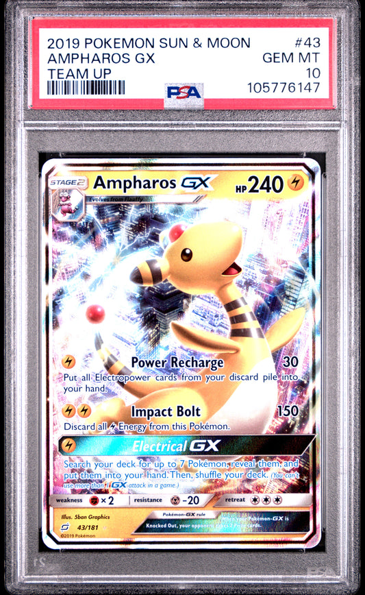 AMPHAROS GX 43/181 Common POKEMON SUN & MOON TEAM UP TEAM UP PSA10 GEM MT 10 PSA population 99 <a href=https://www.psacard.com/cert/105776147/psa>https://www.psacard.com/cert/105776147/psa</a>