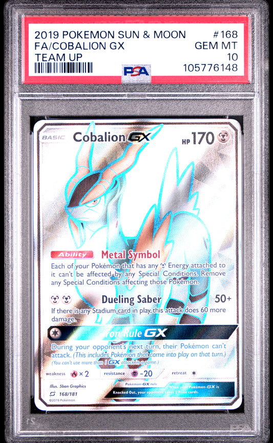 FA/COBALION GX 168/181 Common POKEMON SUN & MOON TEAM UP TEAM UP PSA10 GEM MT 10 PSA population 77 <a href=https://www.psacard.com/cert/105776148/psa>https://www.psacard.com/cert/105776148/psa</a>