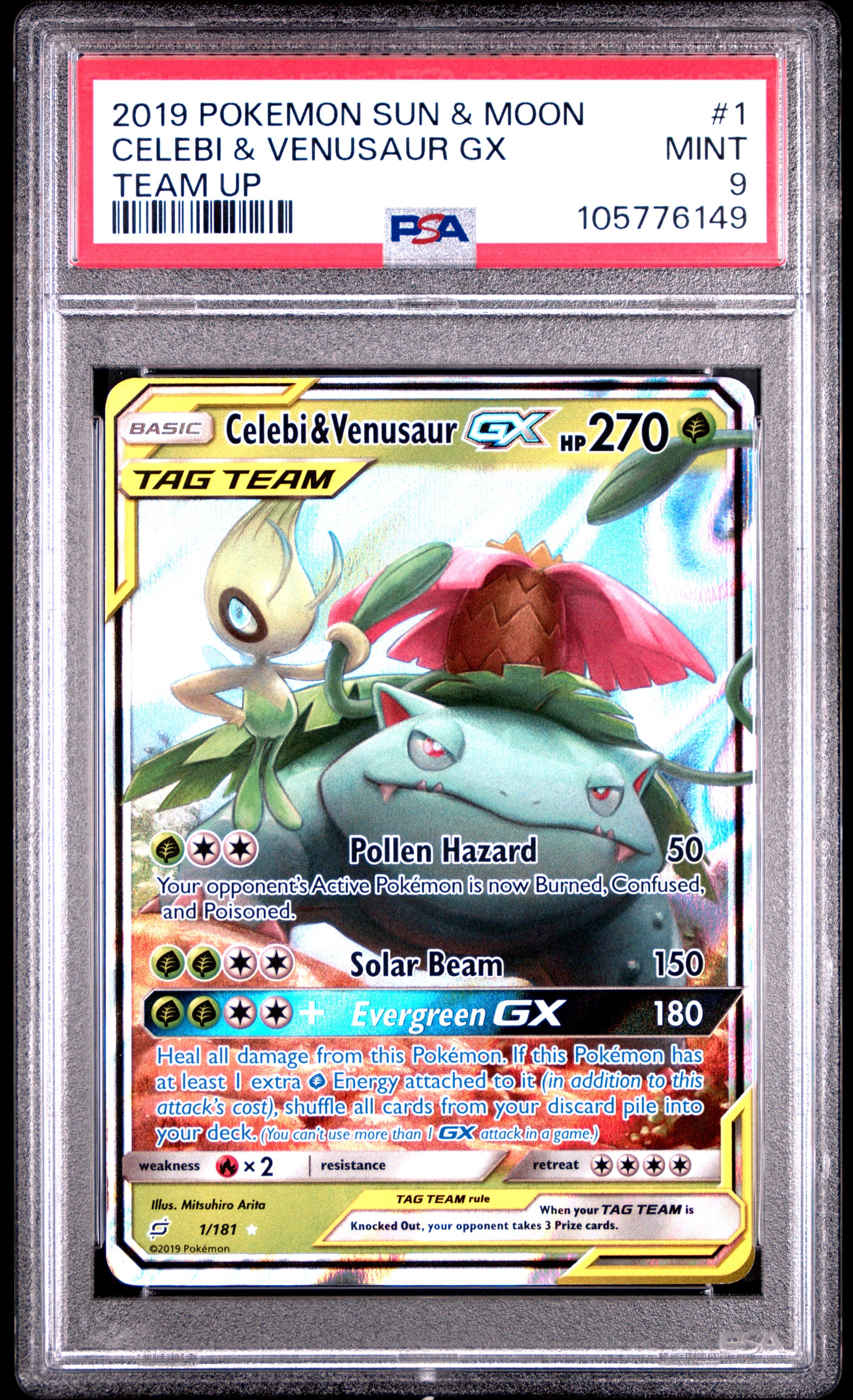 CELEBI & VENUSAUR GX 1/181 Common POKEMON SUN & MOON TEAM UP TEAM UP PSA9 MINT 9 PSA population 558 <a href=https://www.psacard.com/cert/105776149/psa>https://www.psacard.com/cert/105776149/psa</a>