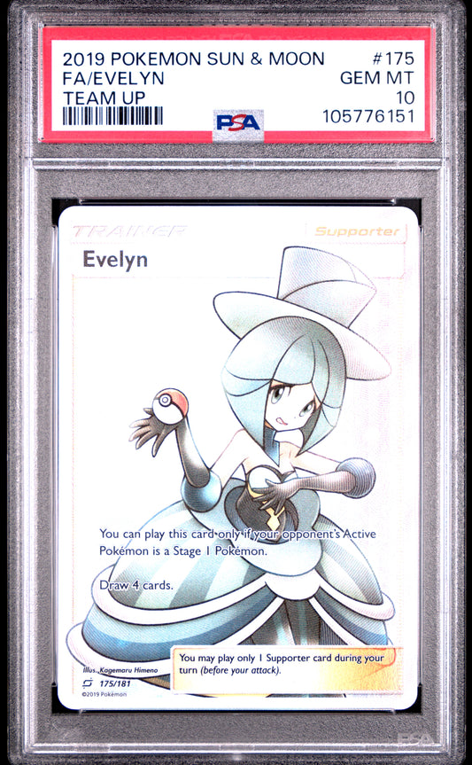 FA/EVELYN 175/181 Common POKEMON SUN & MOON TEAM UP TEAM UP PSA10 GEM MT 10 PSA population 409 <a href=https://www.psacard.com/cert/105776151/psa>https://www.psacard.com/cert/105776151/psa</a>