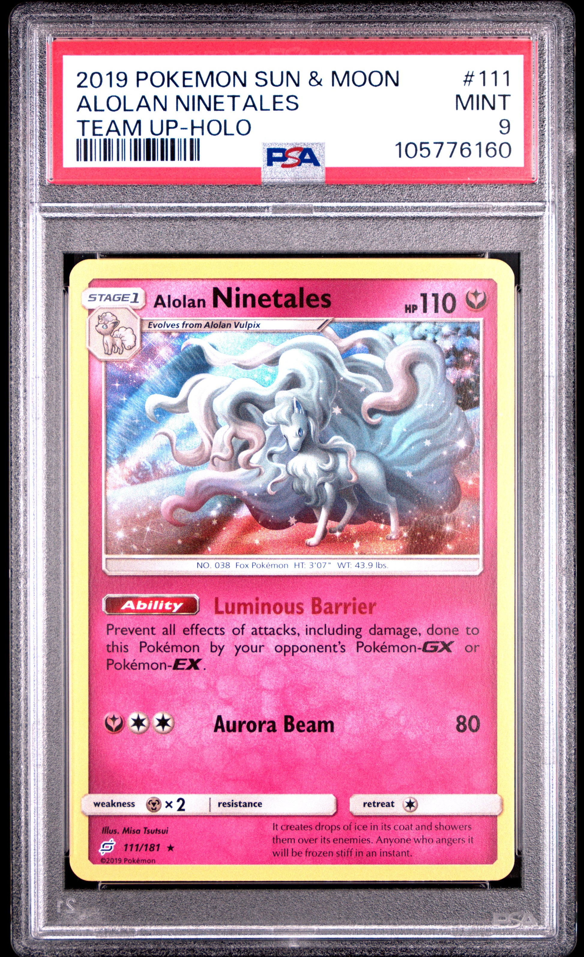 ALOLAN NINETALES 111/181 Common POKEMON SUN & MOON TEAM UP TEAM UP-HOLO PSA9 MINT 9 PSA population 20 <a href=https://www.psacard.com/cert/105776160/psa>https://www.psacard.com/cert/105776160/psa</a>