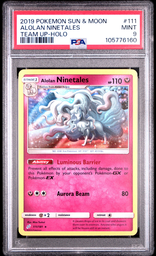 ALOLAN NINETALES 111/181 Common POKEMON SUN & MOON TEAM UP TEAM UP-HOLO PSA9 MINT 9 PSA population 20 <a href=https://www.psacard.com/cert/105776160/psa>https://www.psacard.com/cert/105776160/psa</a>