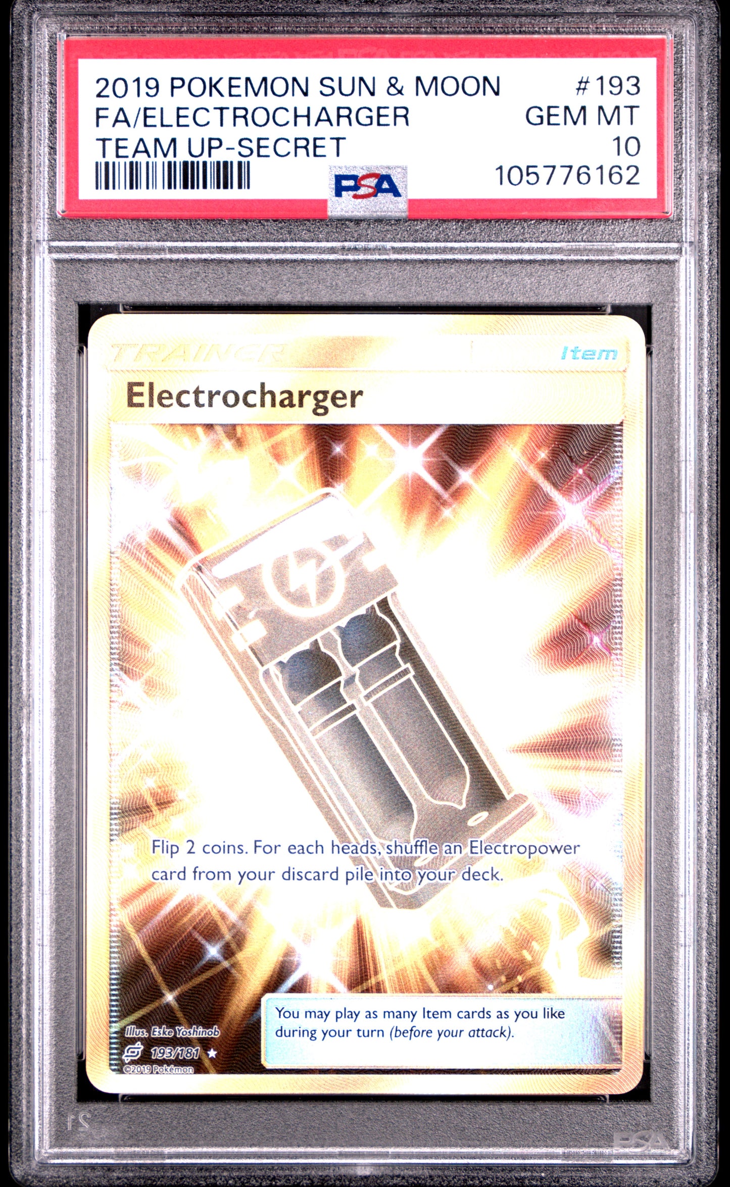 FA/ELECTROCHARGER 193/181 Common POKEMON SUN & MOON TEAM UP TEAM UP-SECRET PSA10 GEM MT 10 PSA population 70 <a href=https://www.psacard.com/cert/105776162/psa>https://www.psacard.com/cert/105776162/psa</a>
