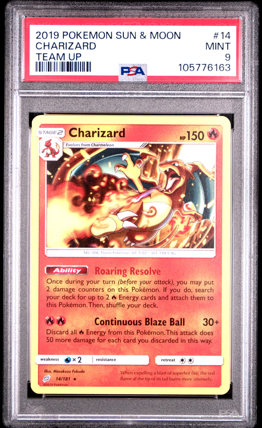 CHARIZARD 14/181 Common POKEMON SUN & MOON TEAM UP TEAM UP PSA9 MINT 9 PSA population 532 <a href=https://www.psacard.com/cert/105776163/psa>https://www.psacard.com/cert/105776163/psa</a>