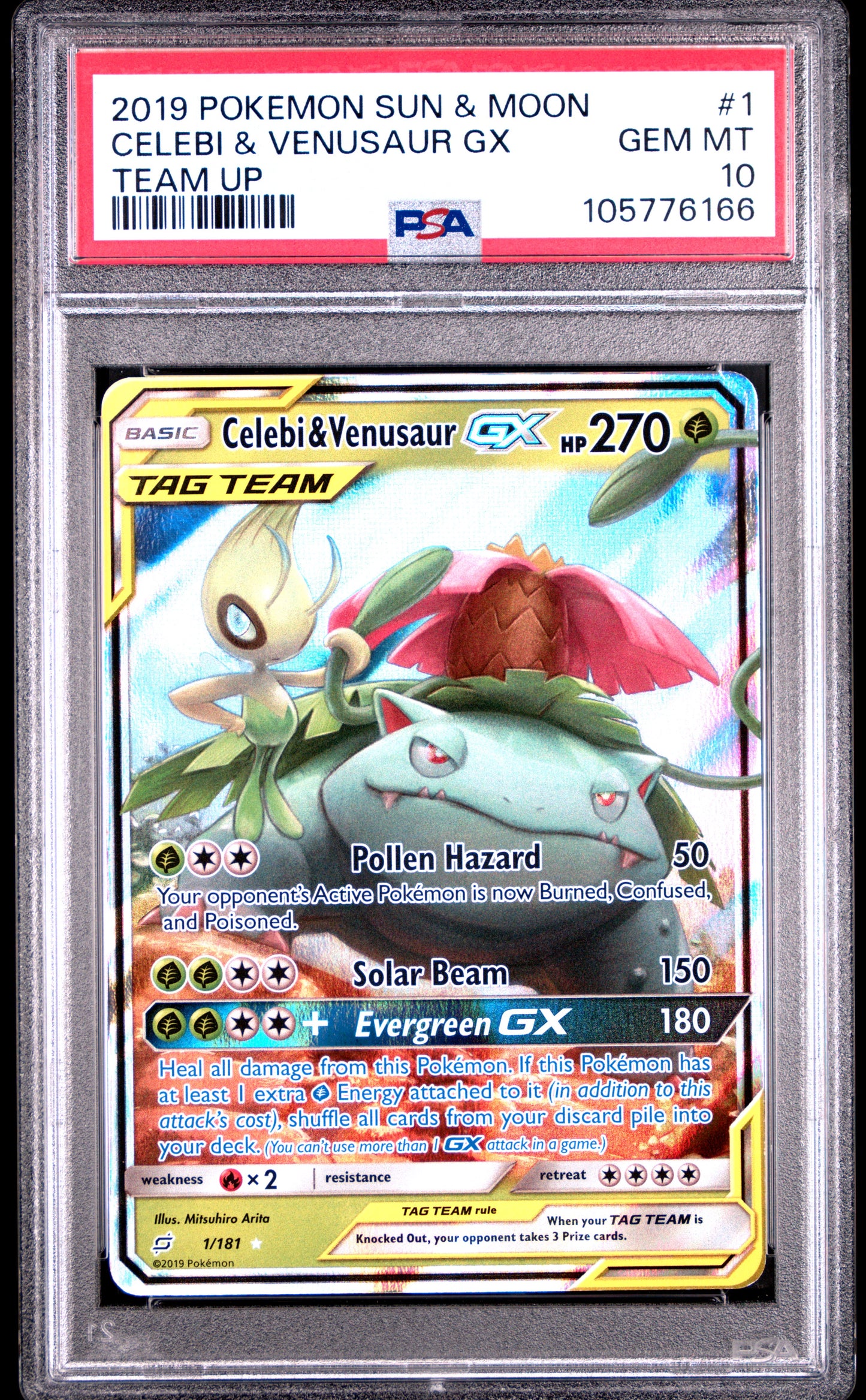 CELEBI & VENUSAUR GX 1/181 Common POKEMON SUN & MOON TEAM UP TEAM UP PSA10 GEM MT 10 PSA population 647 <a href=https://www.psacard.com/cert/105776166/psa>https://www.psacard.com/cert/105776166/psa</a>