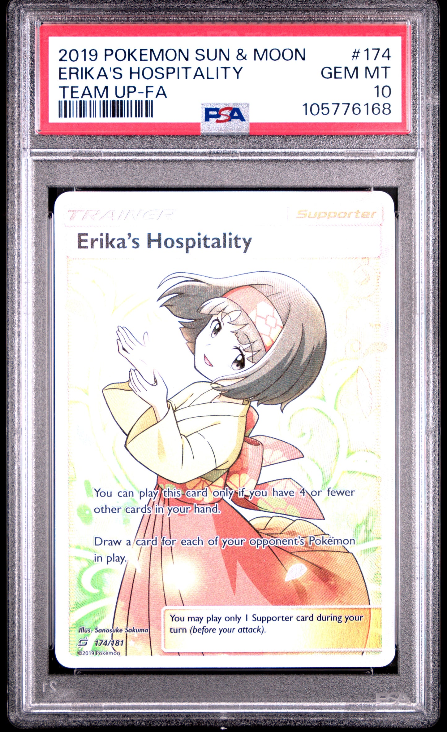 ERIKA'S HOSPITALITY 174/181 Common POKEMON SUN & MOON TEAM UP TEAM UP-FA PSA10 GEM MT 10 PSA population 648 <a href=https://www.psacard.com/cert/105776168/psa>https://www.psacard.com/cert/105776168/psa</a>