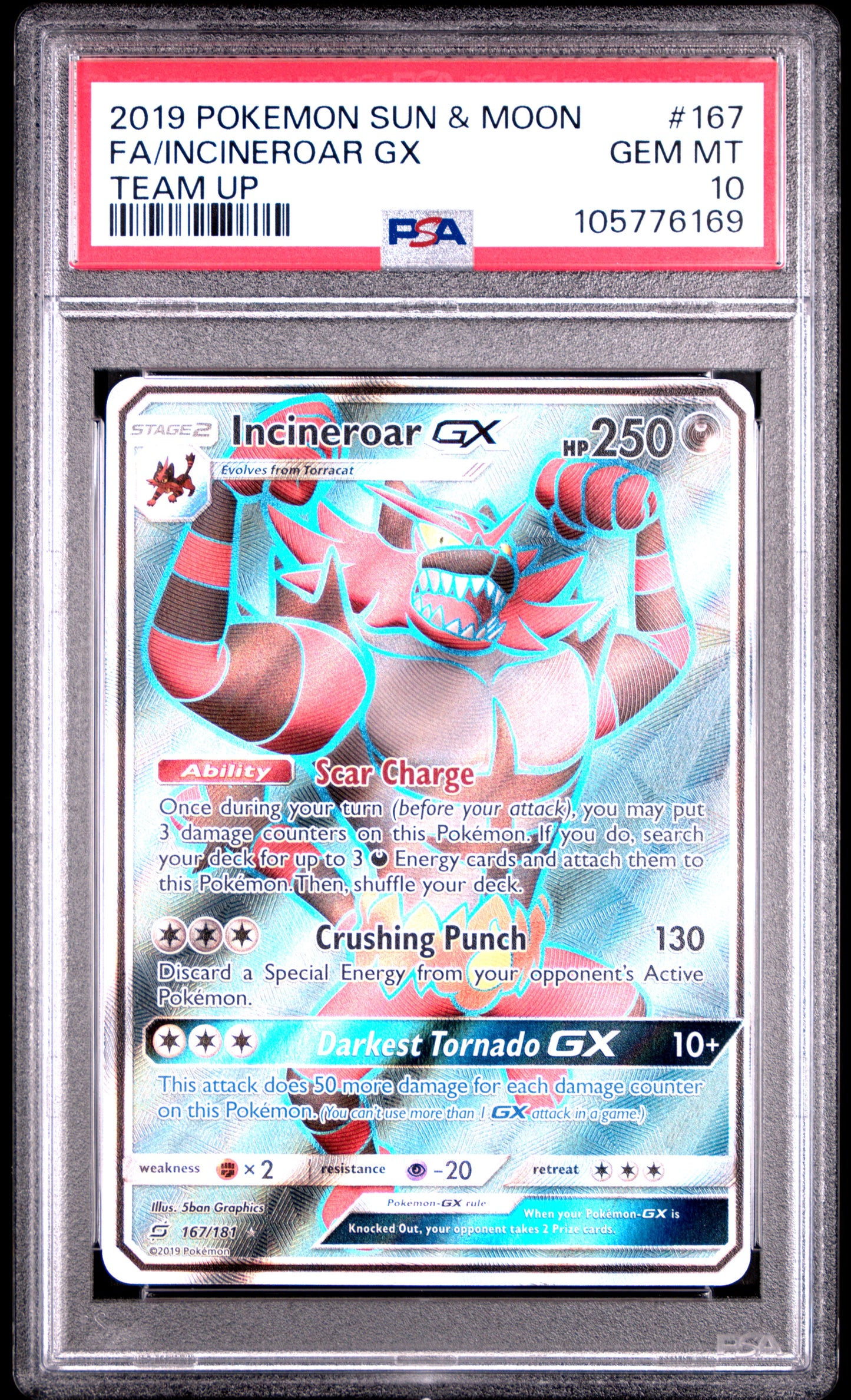 FA/INCINEROAR GX 167/181 Common POKEMON SUN & MOON TEAM UP TEAM UP PSA10 GEM MT 10 PSA population 84 <a href=https://www.psacard.com/cert/105776169/psa>https://www.psacard.com/cert/105776169/psa</a>