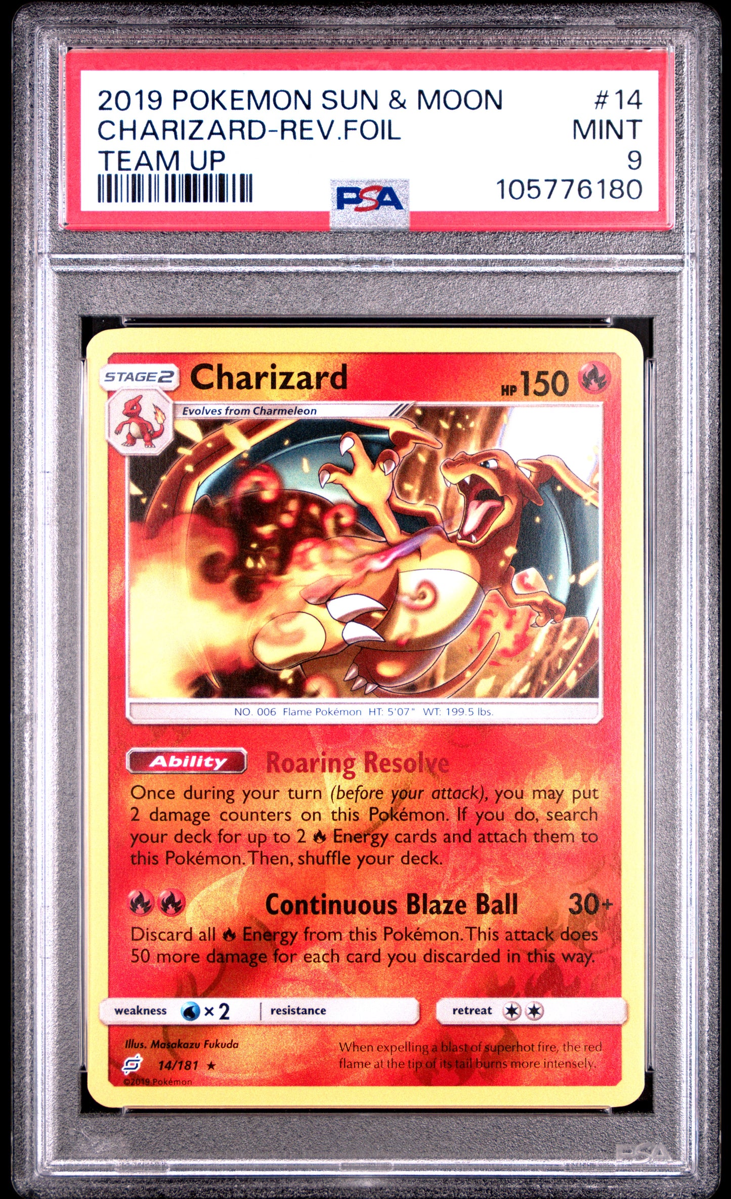 CHARIZARD-REV.FOIL 14/181 [Reverse Holo]  POKEMON SUN & MOON TEAM UP TEAM UP PSA9 MINT 9 PSA population 504 <a href=https://www.psacard.com/cert/105776180/psa>https://www.psacard.com/cert/105776180/psa</a>