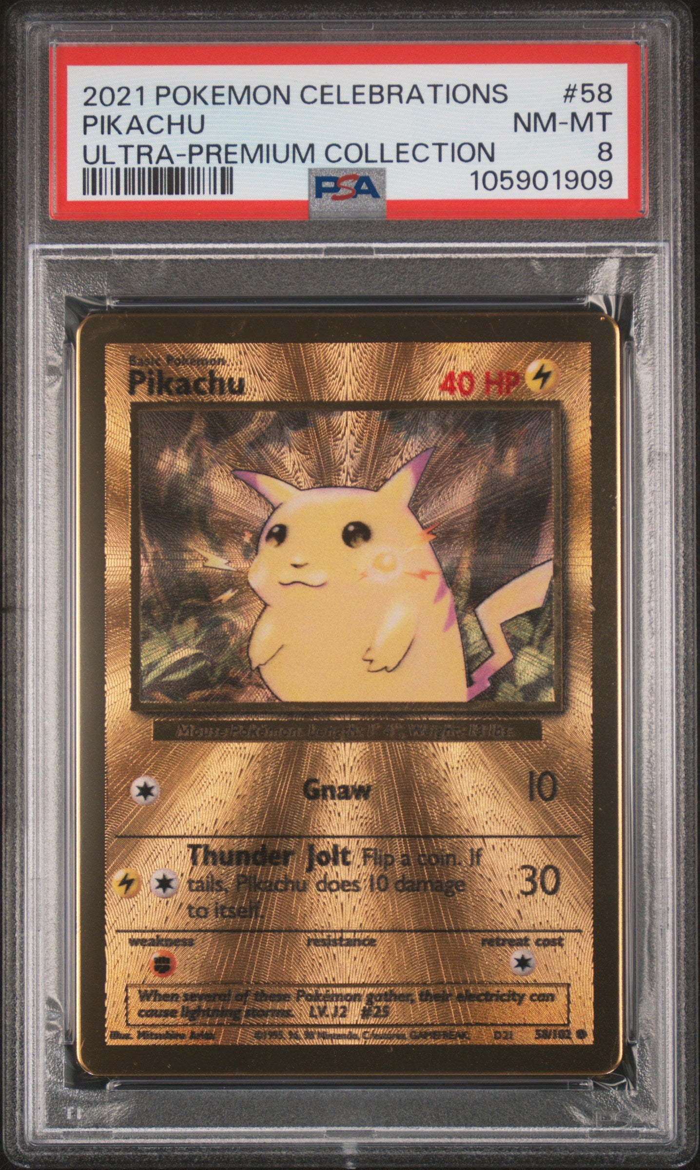 PIKACHU 58/102 [Premium Collection] POKEMON CELEBRATIONS ULTRA-PREMIUM COLLECTION ULTRA-PREMIUM COLLECTION PSA8 NM-MT 8 PSA population 3139 <a href=https://www.psacard.com/cert/105901909/psa>https://www.psacard.com/cert/105901909/psa</a>