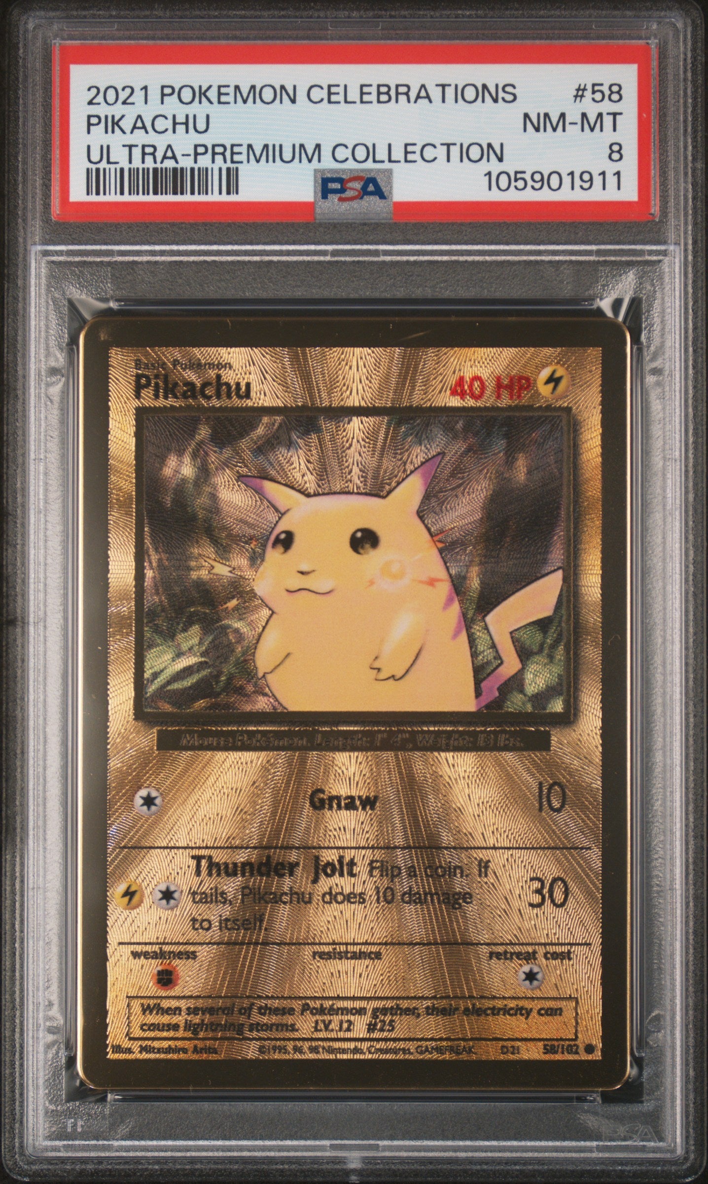 PIKACHU 58/102 [Premium Collection] POKEMON CELEBRATIONS ULTRA-PREMIUM COLLECTION ULTRA-PREMIUM COLLECTION PSA8 NM-MT 8 PSA population 3129 <a href=https://www.psacard.com/cert/105901911/psa>https://www.psacard.com/cert/105901911/psa</a>