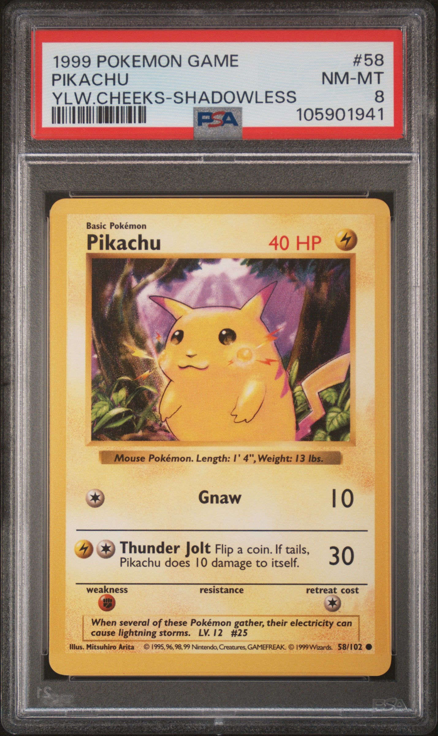 PIKACHU 58/102 [Shadowless]  POKEMON GAME YLW.CHEEKS-SHADOWLESS PSA8 NM-MT 8 PSA population 919 <a href=https://www.psacard.com/cert/105901941/psa>https://www.psacard.com/cert/105901941/psa</a>
