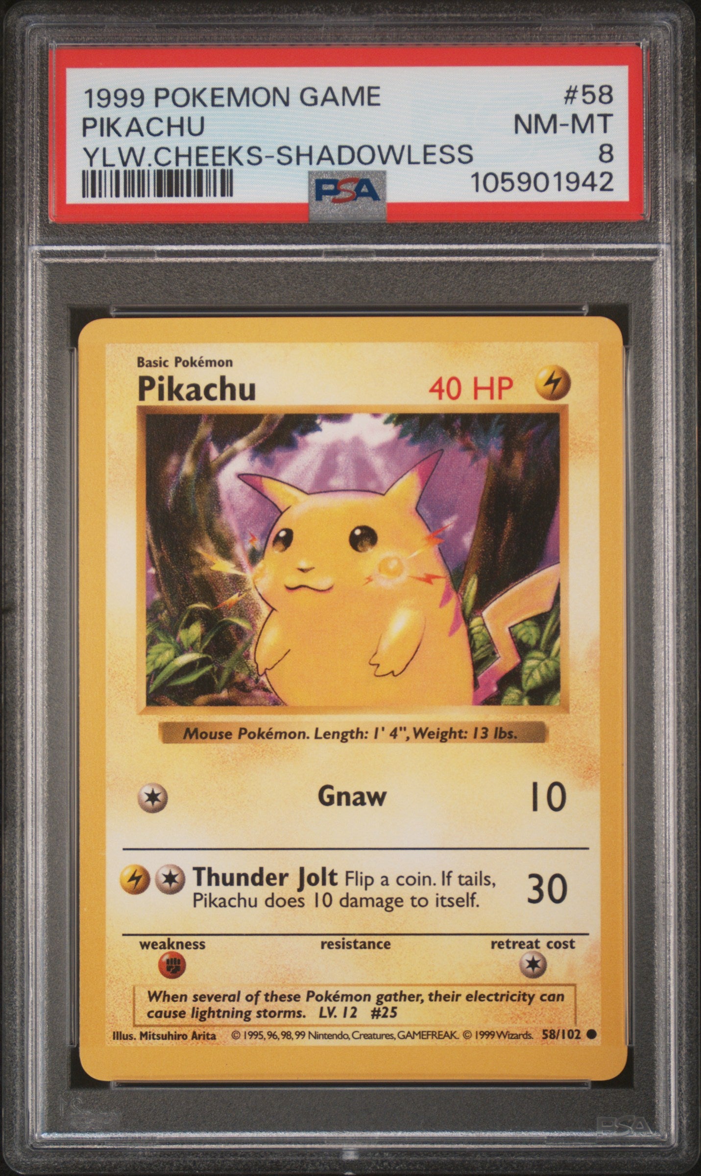 PIKACHU 58/102 [Shadowless]  POKEMON GAME YLW.CHEEKS-SHADOWLESS PSA8 NM-MT 8 PSA population 919 <a href=https://www.psacard.com/cert/105901942/psa>https://www.psacard.com/cert/105901942/psa</a>