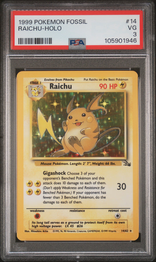 RAICHU-HOLO 14/62 Common POKEMON FOSSIL PSA3 VG 3 PSA population 77 <a href=https://www.psacard.com/cert/105901946/psa>https://www.psacard.com/cert/105901946/psa</a>