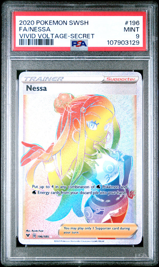 FA/NESSA 196/185 Common POKEMON SWORD & SHIELD VIVID VOLTAGE VIVID VOLTAGE-SECRET PSA9 MINT 9 PSA population 769 <a href=https://www.psacard.com/cert/107903129/psa>https://www.psacard.com/cert/107903129/psa</a>