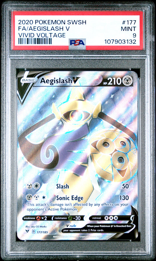 FA/AEGISLASH V 177/185 Common POKEMON SWORD & SHIELD VIVID VOLTAGE VIVID VOLTAGE PSA9 MINT 9 PSA population 119 <a href=https://www.psacard.com/cert/107903132/psa>https://www.psacard.com/cert/107903132/psa</a>