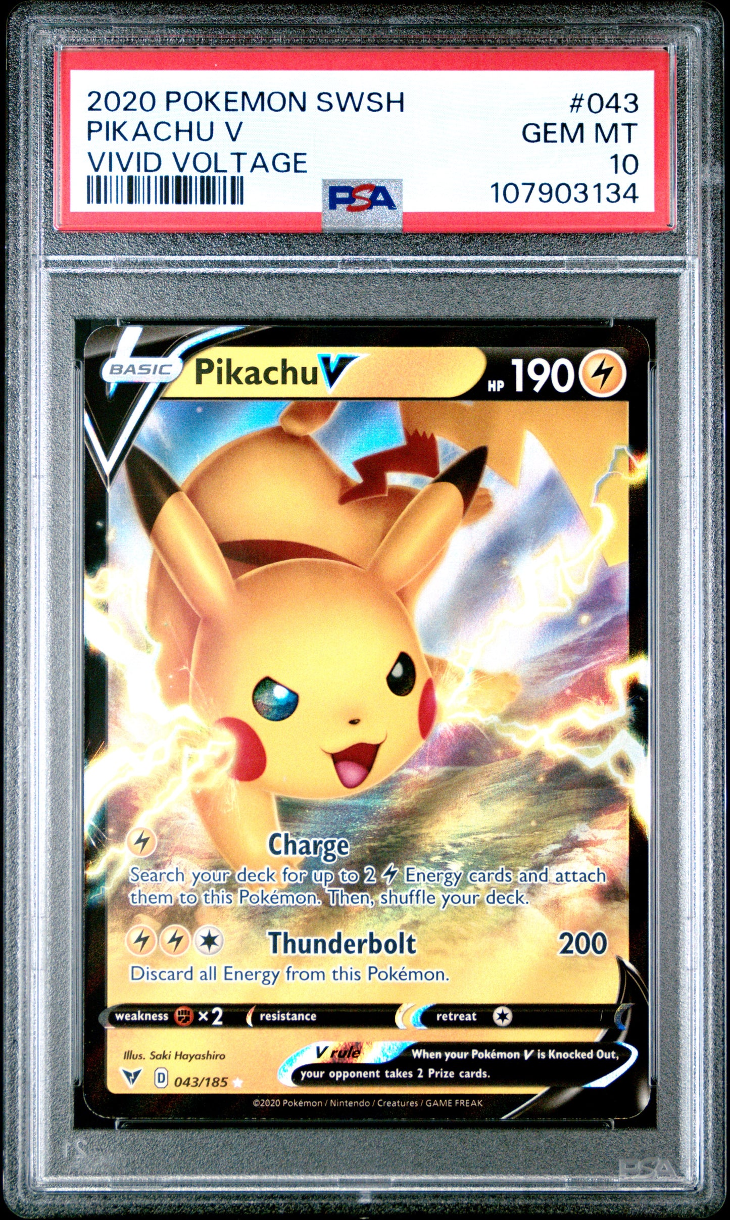 PIKACHU V 43/185 Common POKEMON SWORD & SHIELD VIVID VOLTAGE VIVID VOLTAGE PSA10 GEM MT 10 PSA population 3018 <a href=https://www.psacard.com/cert/107903134/psa>https://www.psacard.com/cert/107903134/psa</a>