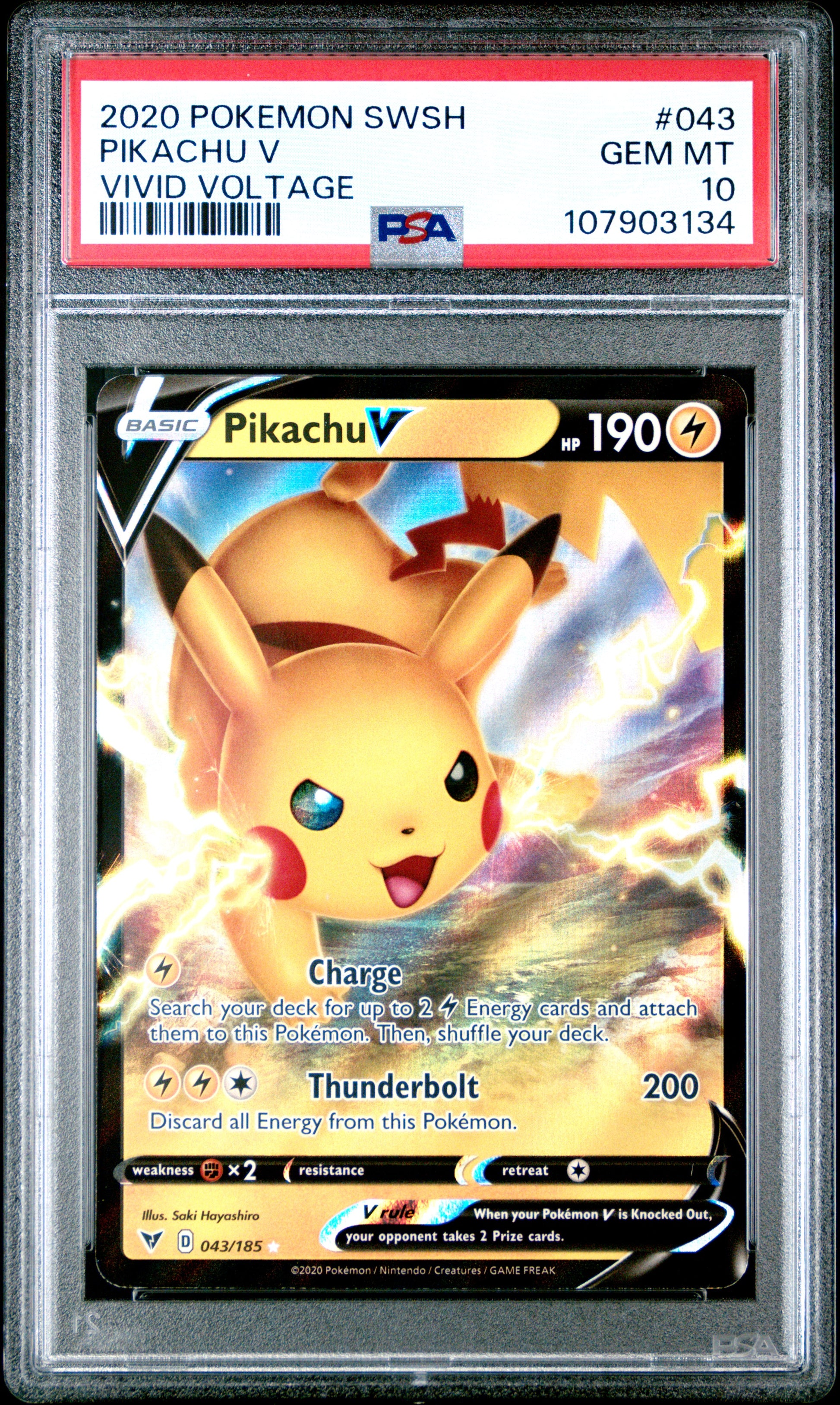 PIKACHU V 43/185 Common POKEMON SWORD & SHIELD VIVID VOLTAGE VIVID VOLTAGE PSA10 GEM MT 10 PSA population 3018 <a href=https://www.psacard.com/cert/107903134/psa>https://www.psacard.com/cert/107903134/psa</a>