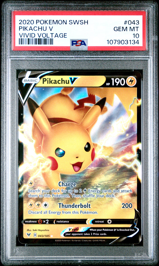 PIKACHU V 43/185 Common POKEMON SWORD & SHIELD VIVID VOLTAGE VIVID VOLTAGE PSA10 GEM MT 10 PSA population 3018 <a href=https://www.psacard.com/cert/107903134/psa>https://www.psacard.com/cert/107903134/psa</a>