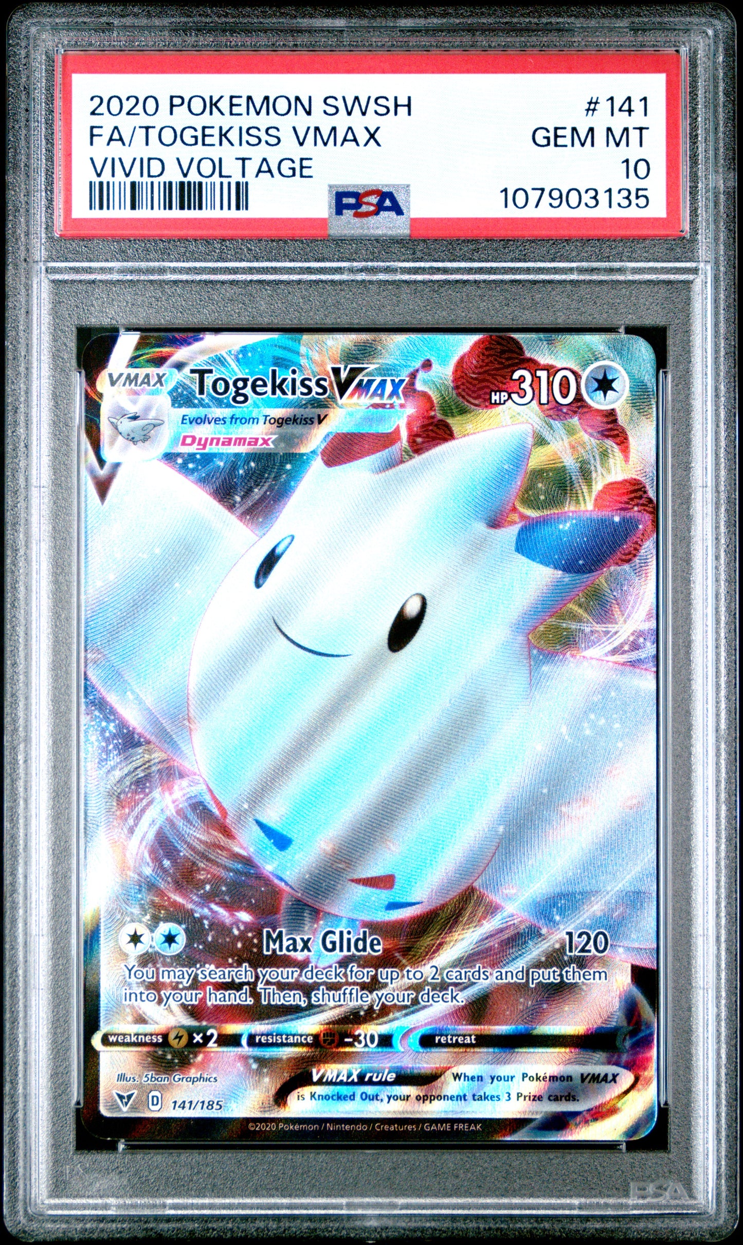 FA/TOGEKISS VMAX 141/185 Common POKEMON SWORD & SHIELD VIVID VOLTAGE VIVID VOLTAGE PSA10 GEM MT 10 PSA population 1159 <a href=https://www.psacard.com/cert/107903135/psa>https://www.psacard.com/cert/107903135/psa</a>