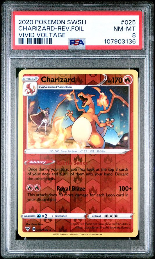 CHARIZARD-REV.FOIL 25/185 [Reverse Holo]  POKEMON SWORD & SHIELD VIVID VOLTAGE VIVID VOLTAGE PSA8 NM-MT 8 PSA population 574 <a href=https://www.psacard.com/cert/107903136/psa>https://www.psacard.com/cert/107903136/psa</a>