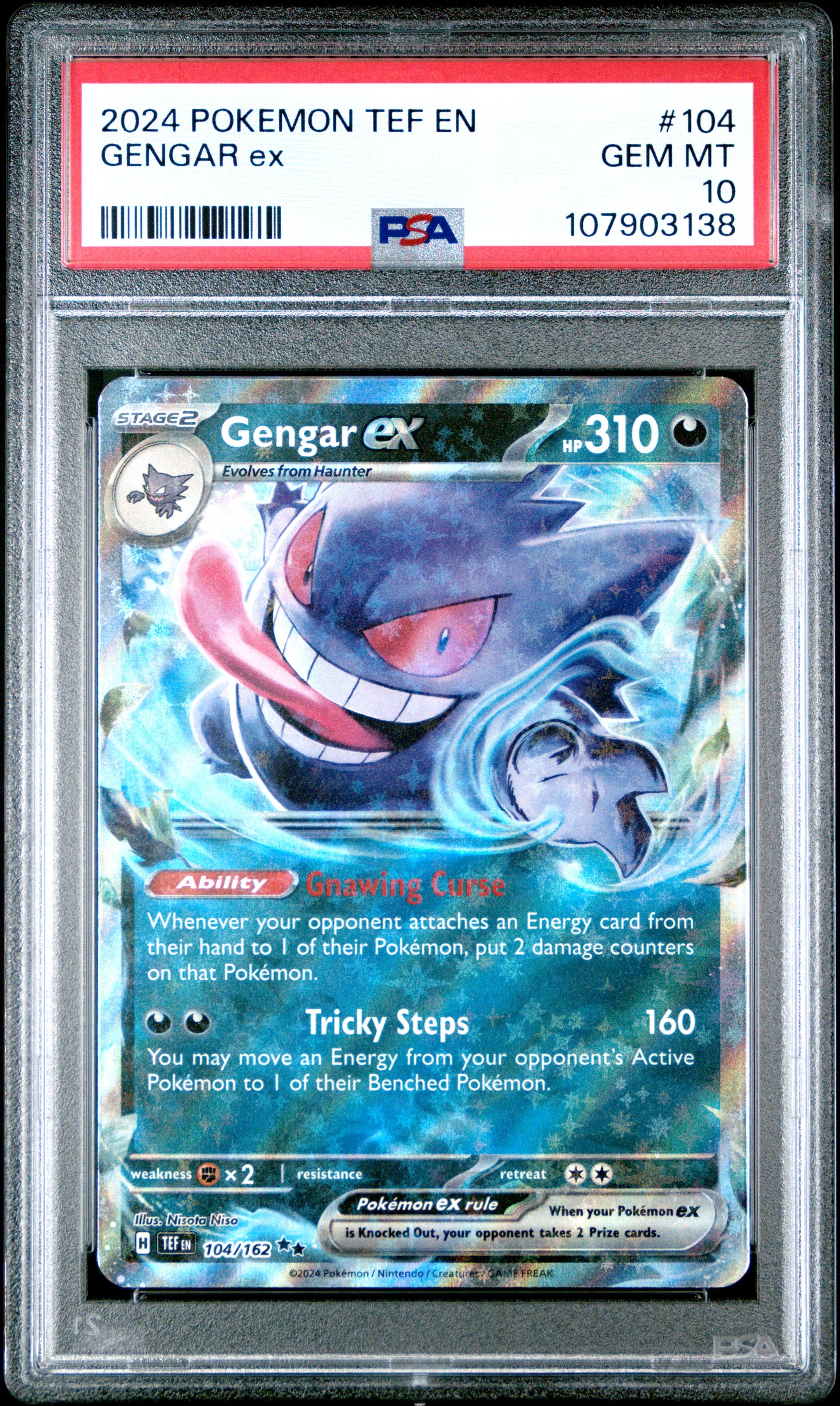 GENGAR EX 104/162 Common POKEMON TEF EN-TEMPORAL FORCES PSA10 GEM MT 10 PSA population 896 <a href=https://www.psacard.com/cert/107903138/psa>https://www.psacard.com/cert/107903138/psa</a>