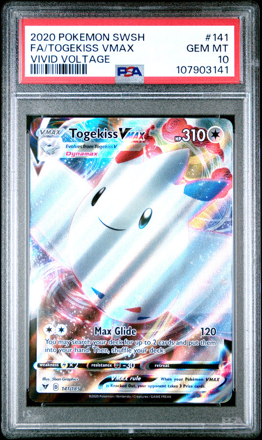 FA/TOGEKISS VMAX 141/185 Common POKEMON SWORD & SHIELD VIVID VOLTAGE VIVID VOLTAGE PSA10 GEM MT 10 PSA population 1159 <a href=https://www.psacard.com/cert/107903141/psa>https://www.psacard.com/cert/107903141/psa</a>