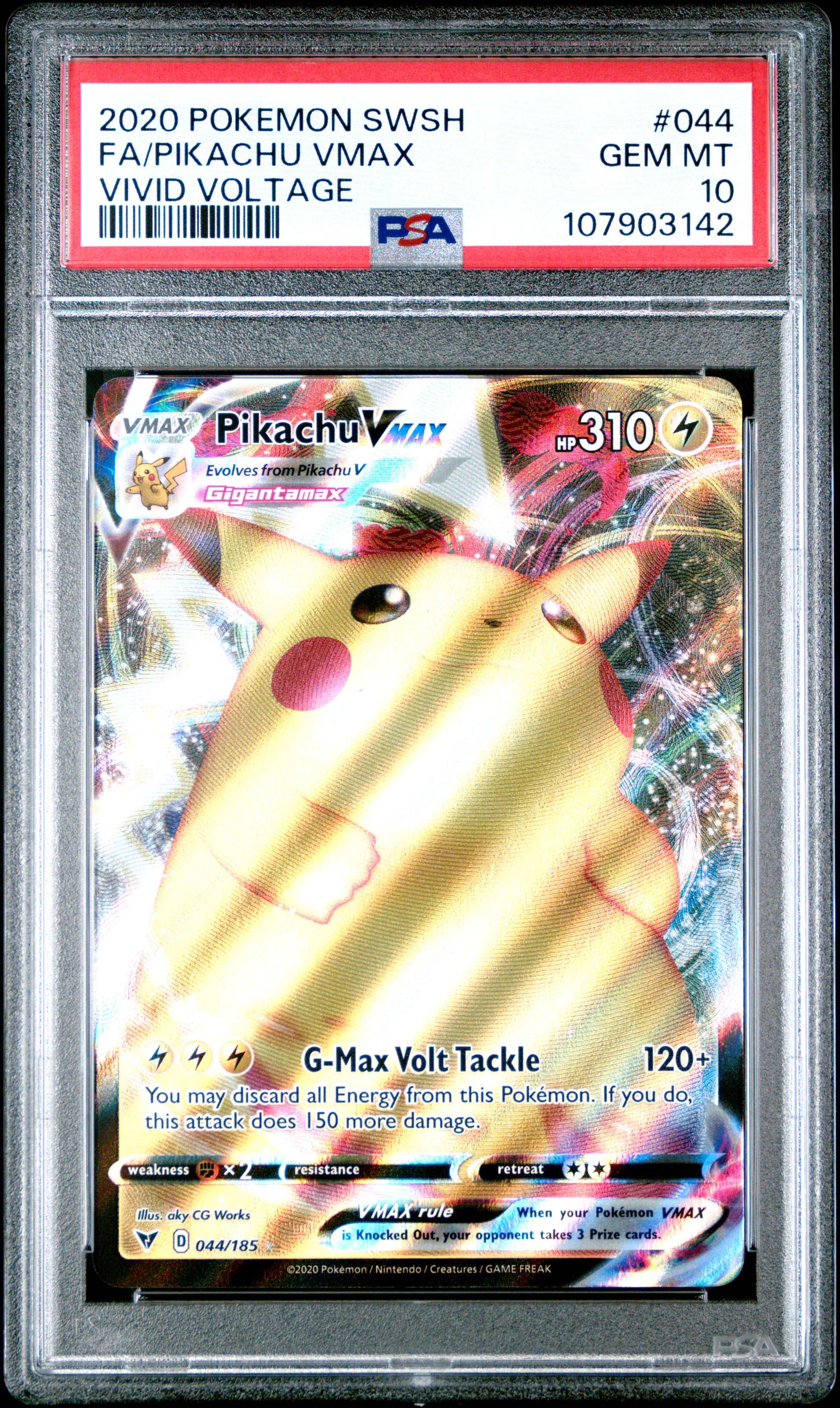 FA/PIKACHU VMAX 44/185 Common POKEMON SWORD & SHIELD VIVID VOLTAGE VIVID VOLTAGE PSA10 GEM MT 10 PSA population 9184 <a href=https://www.psacard.com/cert/107903142/psa>https://www.psacard.com/cert/107903142/psa</a>