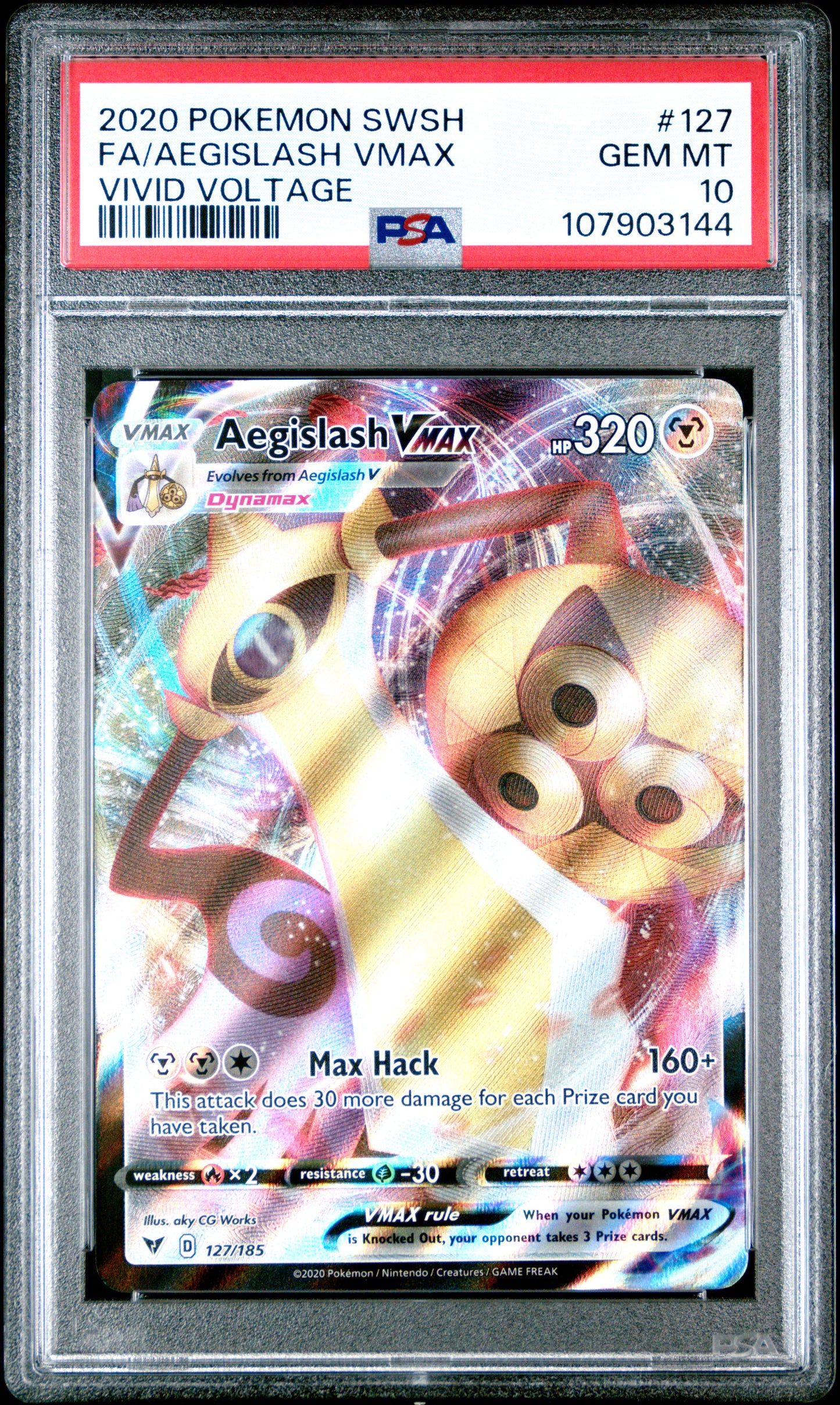 FA/AEGISLASH VMAX 127/185 Common POKEMON SWORD & SHIELD VIVID VOLTAGE VIVID VOLTAGE PSA10 GEM MT 10 PSA population 784 <a href=https://www.psacard.com/cert/107903144/psa>https://www.psacard.com/cert/107903144/psa</a>