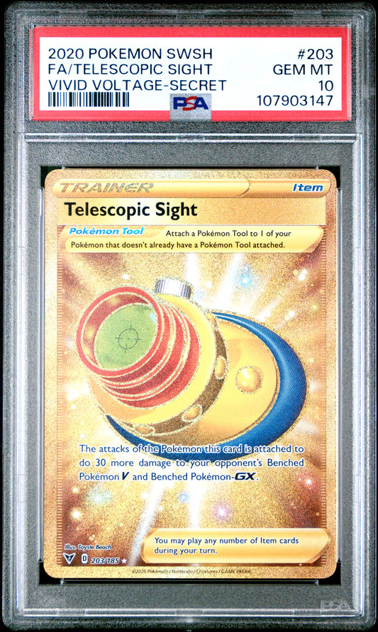 FA/TELESCOPIC SIGHT 203/185 Common POKEMON SWORD & SHIELD VIVID VOLTAGE VIVID VOLTAGE-SECRET PSA10 GEM MT 10 PSA population 225 <a href=https://www.psacard.com/cert/107903147/psa>https://www.psacard.com/cert/107903147/psa</a>
