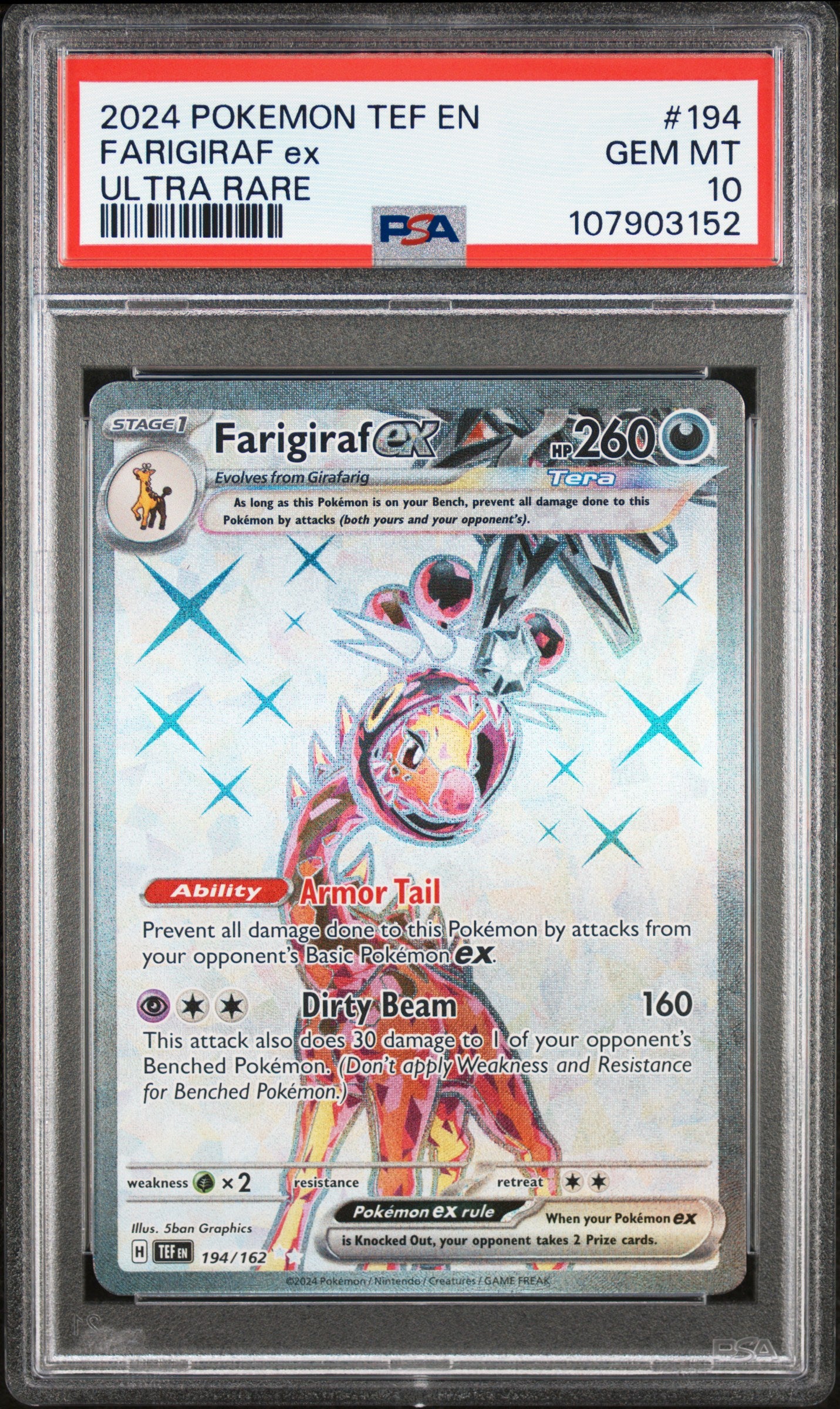 FARIGIRAF EX 194/162 Common POKEMON TEF EN-TEMPORAL FORCES ULTRA RARE PSA10 GEM MT 10 PSA population 166 <a href=https://www.psacard.com/cert/107903152/psa>https://www.psacard.com/cert/107903152/psa</a>